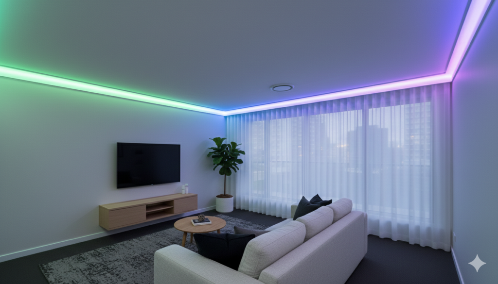 A modern lounge room featuring Illumicove crown molding with a vibrant, multi-color RGB LED-COB light source creating a direct, seamless glow across the ceiling perimeter.
