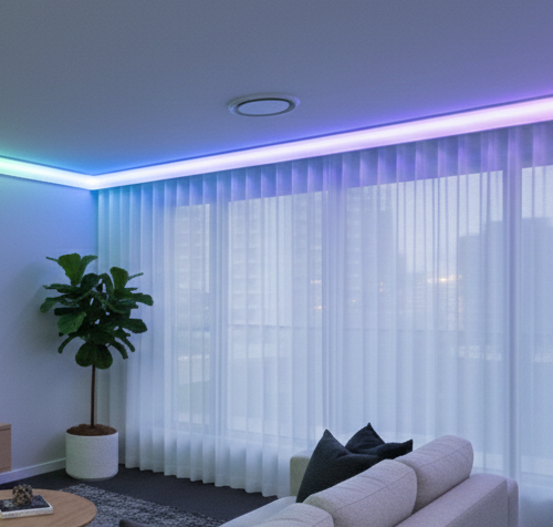 Illumicove-RGB-Direct-Lighting-Lounge-Room. A modern lounge room featuring Illumicove crown molding with a vibrant, multi-color RGB LED-COB light source creating a direct, seamless glow across the ceiling perimeter.