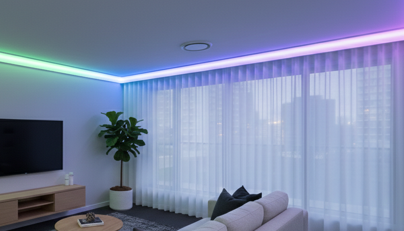 A modern lounge room featuring Illumicove crown molding with a vibrant, multi-color RGB LED-COB light source creating a direct, seamless glow across the ceiling perimeter.